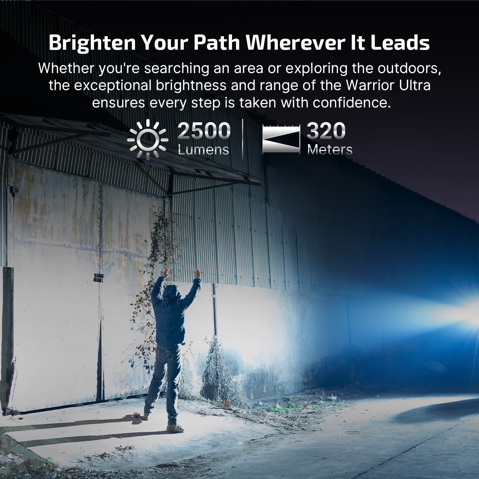 Olight Warrior Ultra Stealth Grey beam in use outdoors – 2,500 lumens and 320 meters of throw