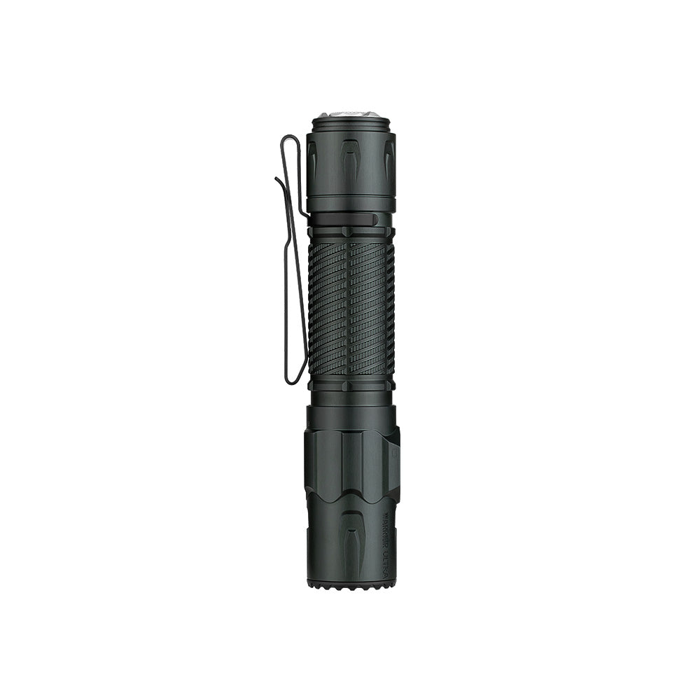 Olight Warrior Ultra Stealth Grey front view – 2,500 lumen tactical flashlight with lanyard