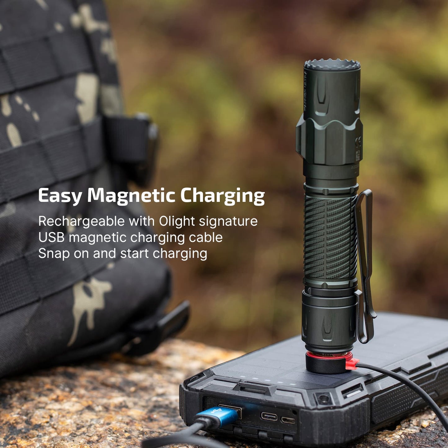 Olight Warrior Ultra Stealth Grey easy magnetic charging with the Olight USB magnetic charging cable