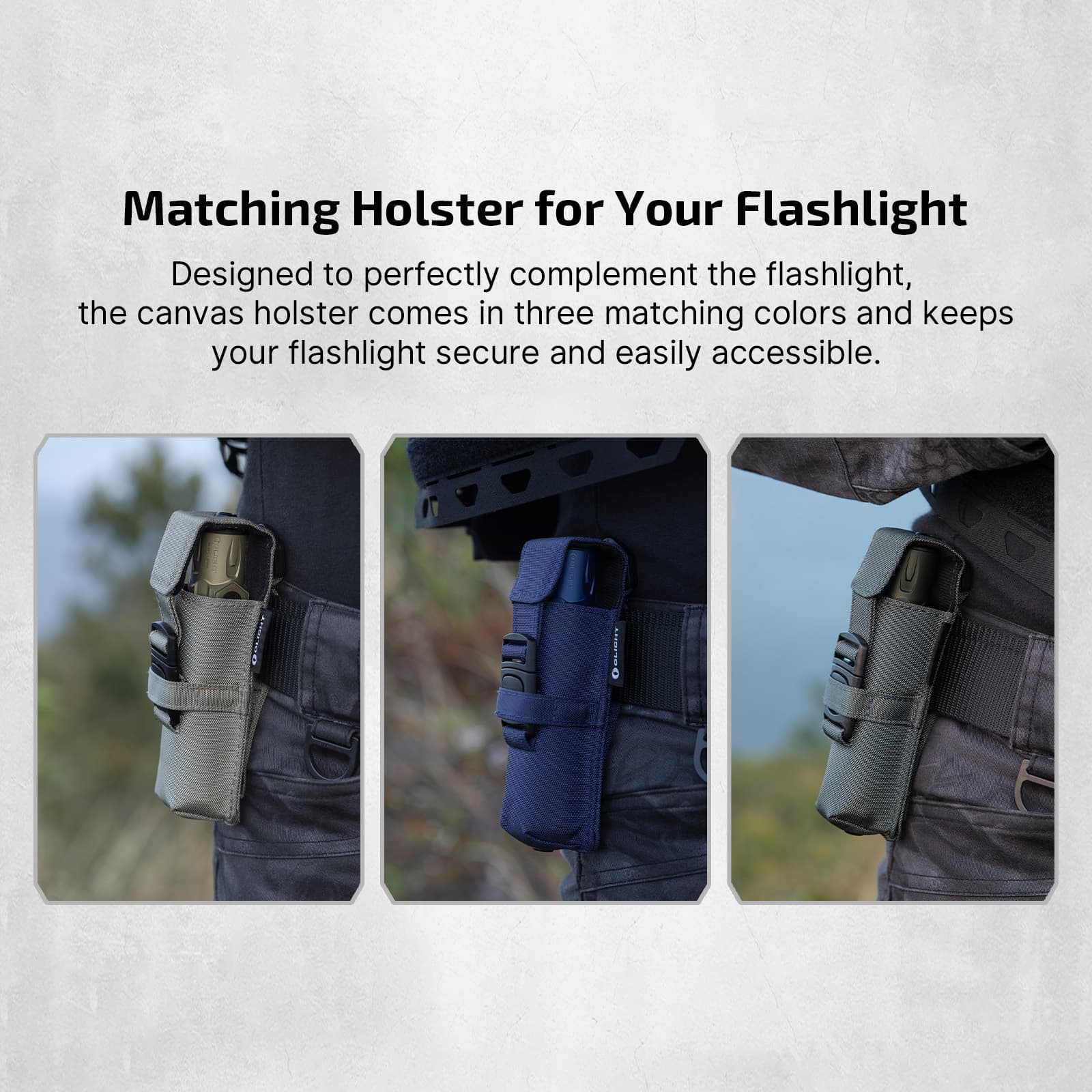 Olight Warrior Ultra matching canvas holster, available in three colours to complement the flashlight