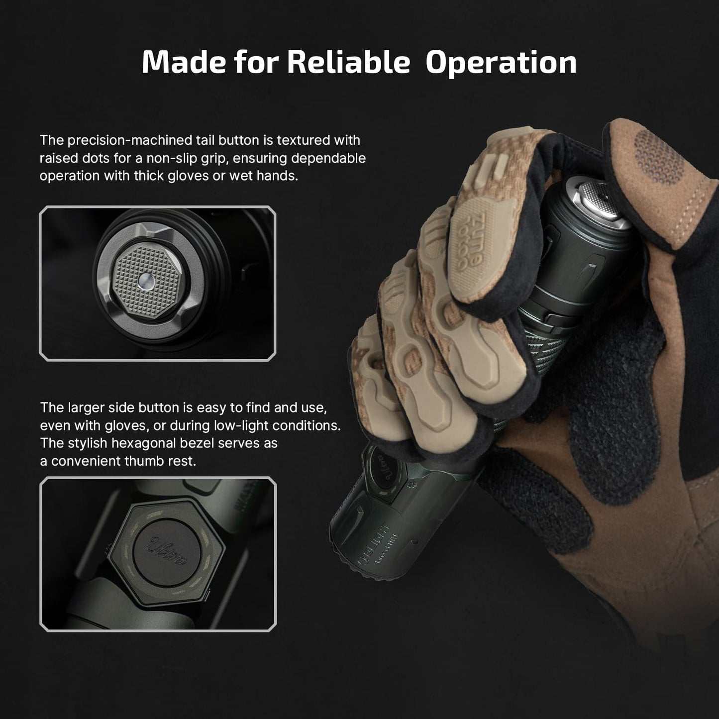Olight Warrior Ultra reliable operation – knurled tail button and enlarged hexagonal side switch usable with gloves