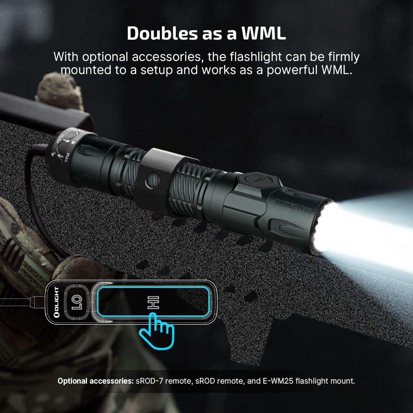 Olight Warrior Ultra doubles as a weapon mounted light with optional sROD-7 remote, sROD remote and E-WM25 mount
