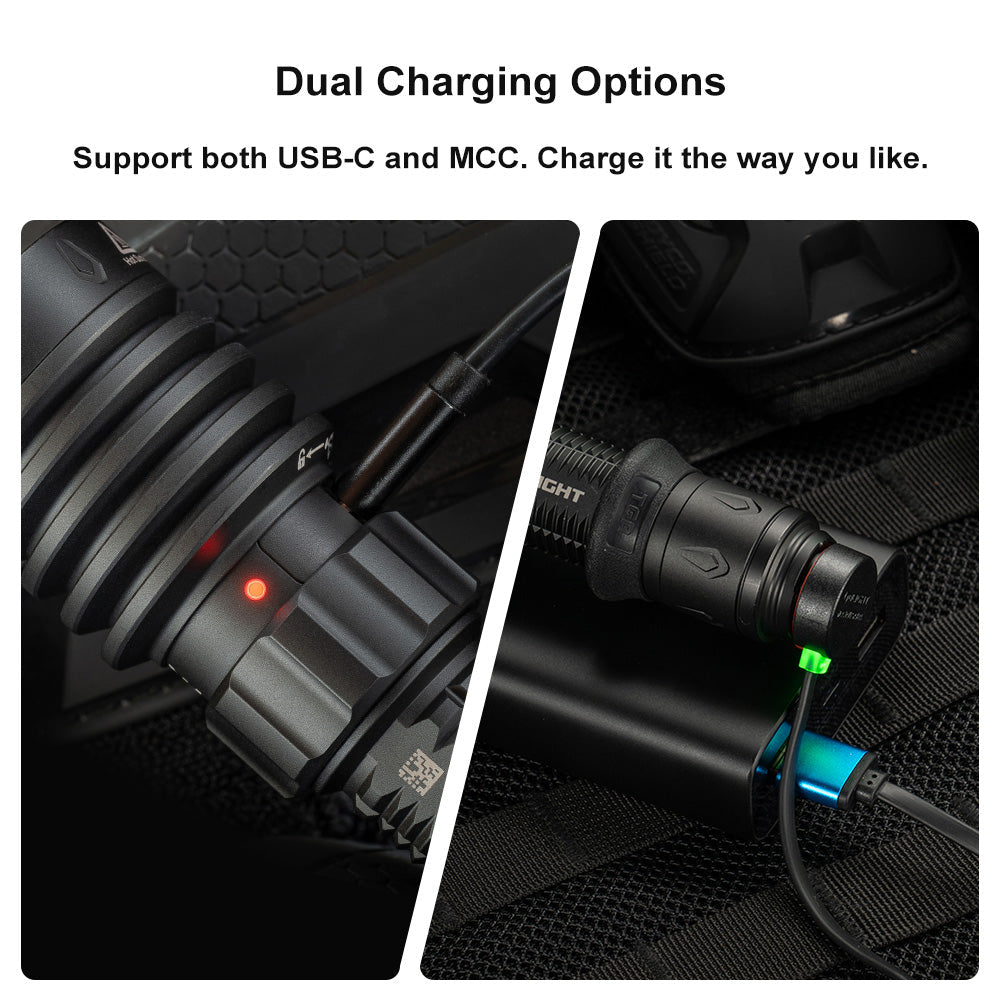 Olight Warrior X 4 dual charging options – supports both USB-C and MCC magnetic charging