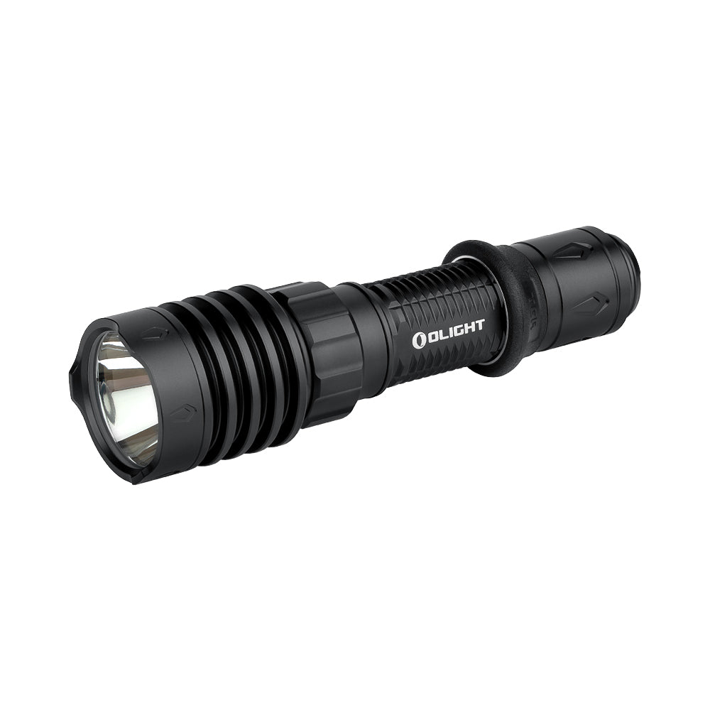 Olight Warrior X 4 front view – 2,600 lumen tactical flashlight with crenulated bezel