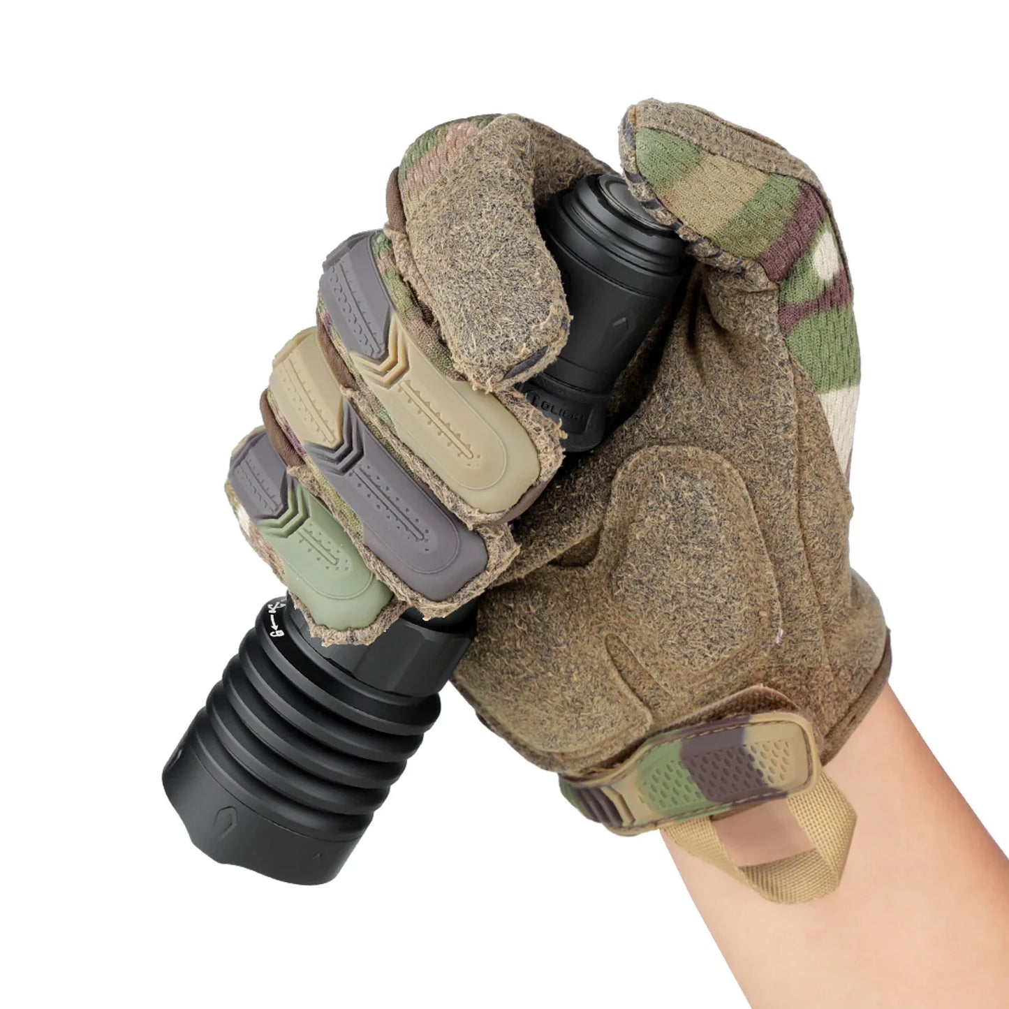 Olight Warrior X 4 held in a gloved hand showing its tactical grip and size