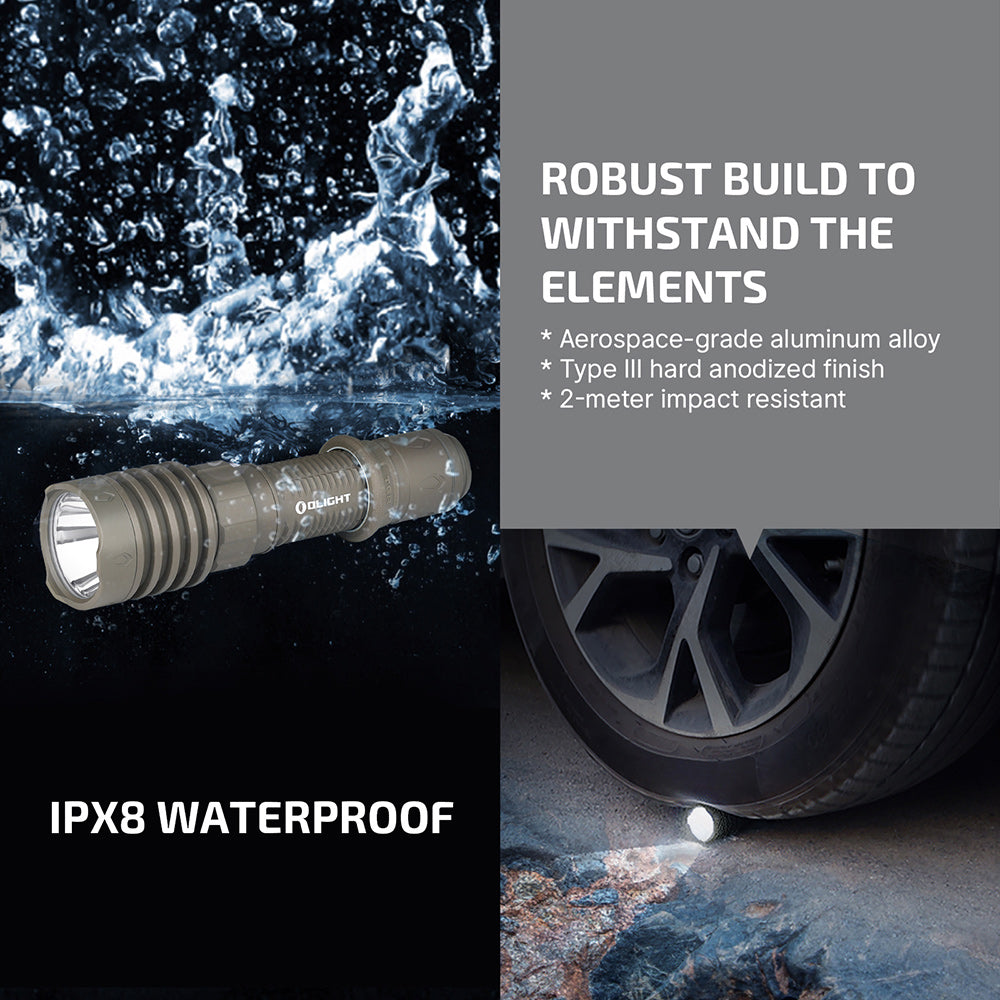 Olight Warrior X 4 robust build – IPX8 waterproof, aerospace-grade aluminum alloy, Type III hard anodized finish, 2 meter impact resistant