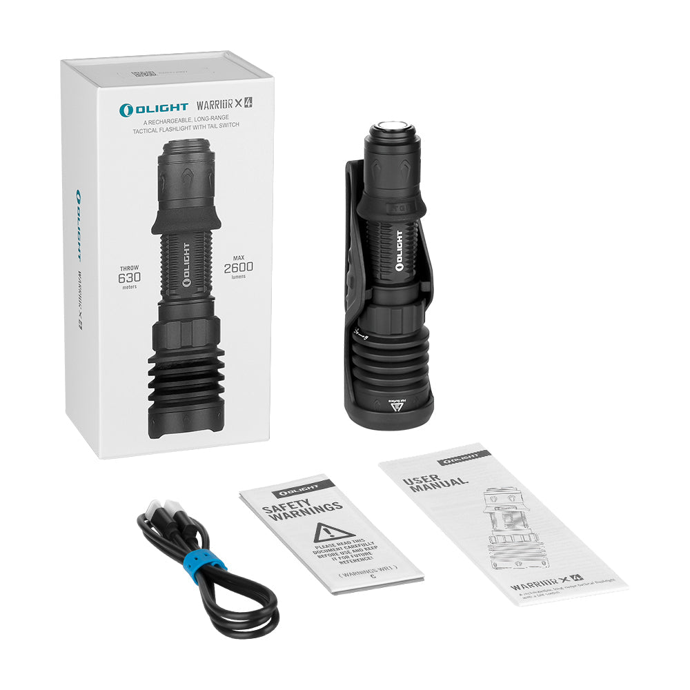 Olight Warrior X 4 package contents – flashlight, holster, MCC charging cable, retail box and user manual