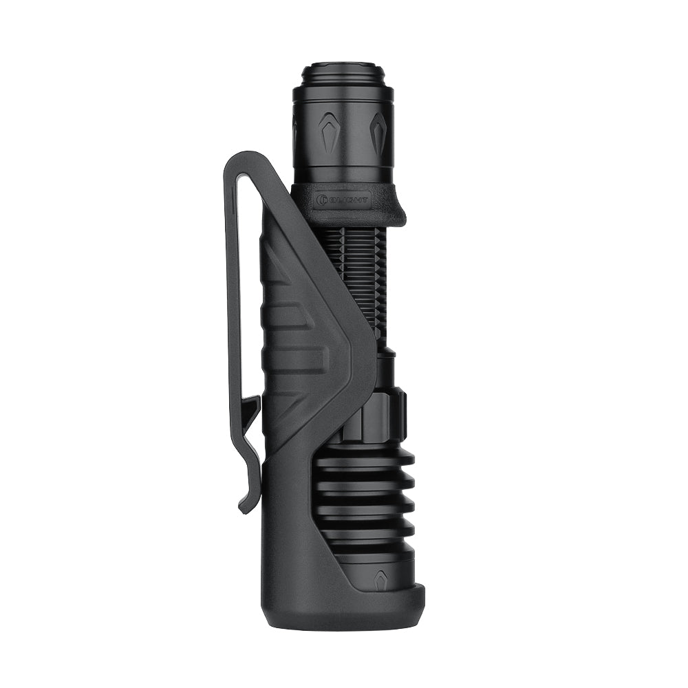 Olight Warrior X 4 side view showing the two-way pocket clip and knurled body