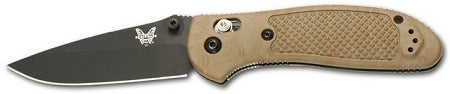 Benchmade Mini Griptilian 556BK front view – 2.91″ black 154CM drop point folding knife, sand Valox handle