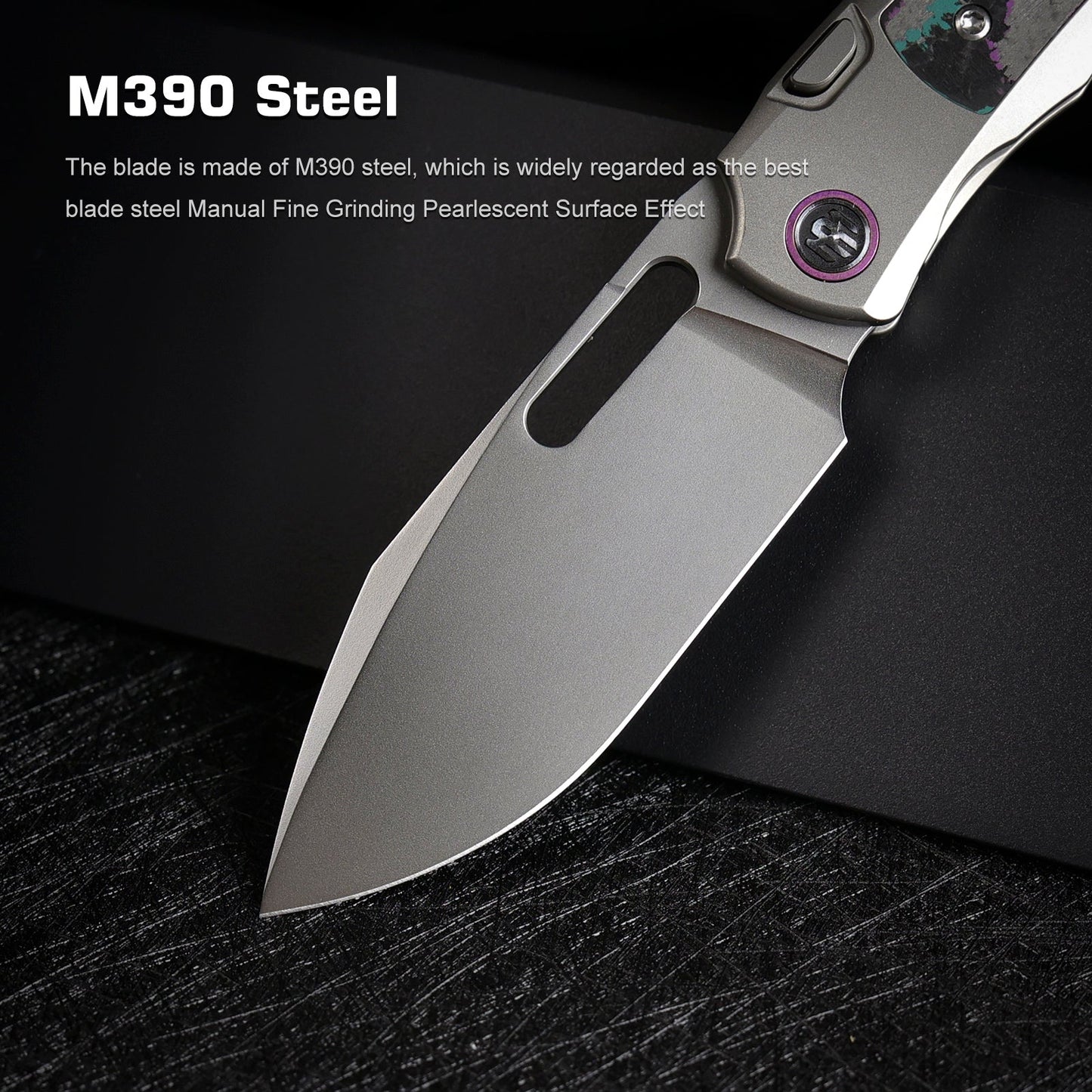 Remette RT-Orca ORCAJY blade detail – pearlescent M390 drop point