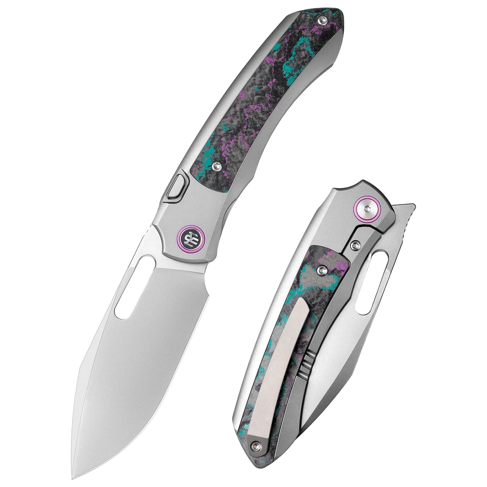 Remette RT-Orca ORCAJY front view – 3.15" pearlescent M390 drop point titanium folding knife