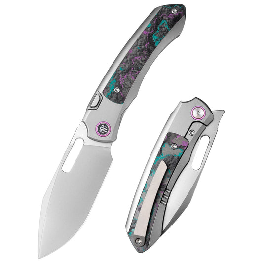 Remette RT-Orca ORCAJY front view – 3.15" pearlescent M390 drop point titanium folding knife