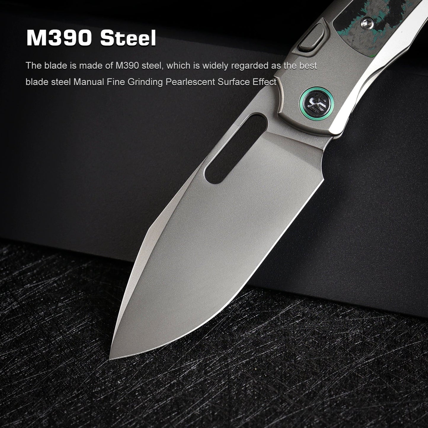 Remette RT-Orca ORCAKD blade detail – pearlescent M390 drop point
