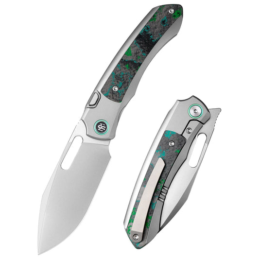 Remette RT-Orca ORCAKD front view – 3.15" pearlescent M390 drop point titanium folding knife