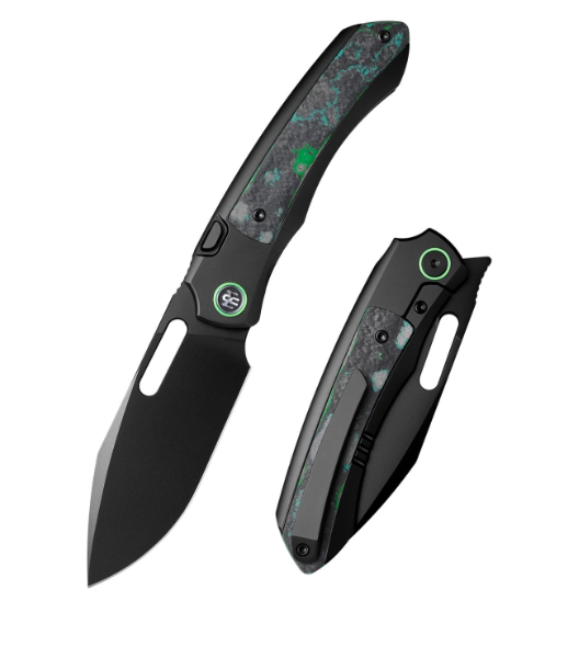 Remette RT-Orca ORCAKDD front view – 3.15" DLC M390 drop point titanium folding knife with Kelp Bed CamoCarbon handle