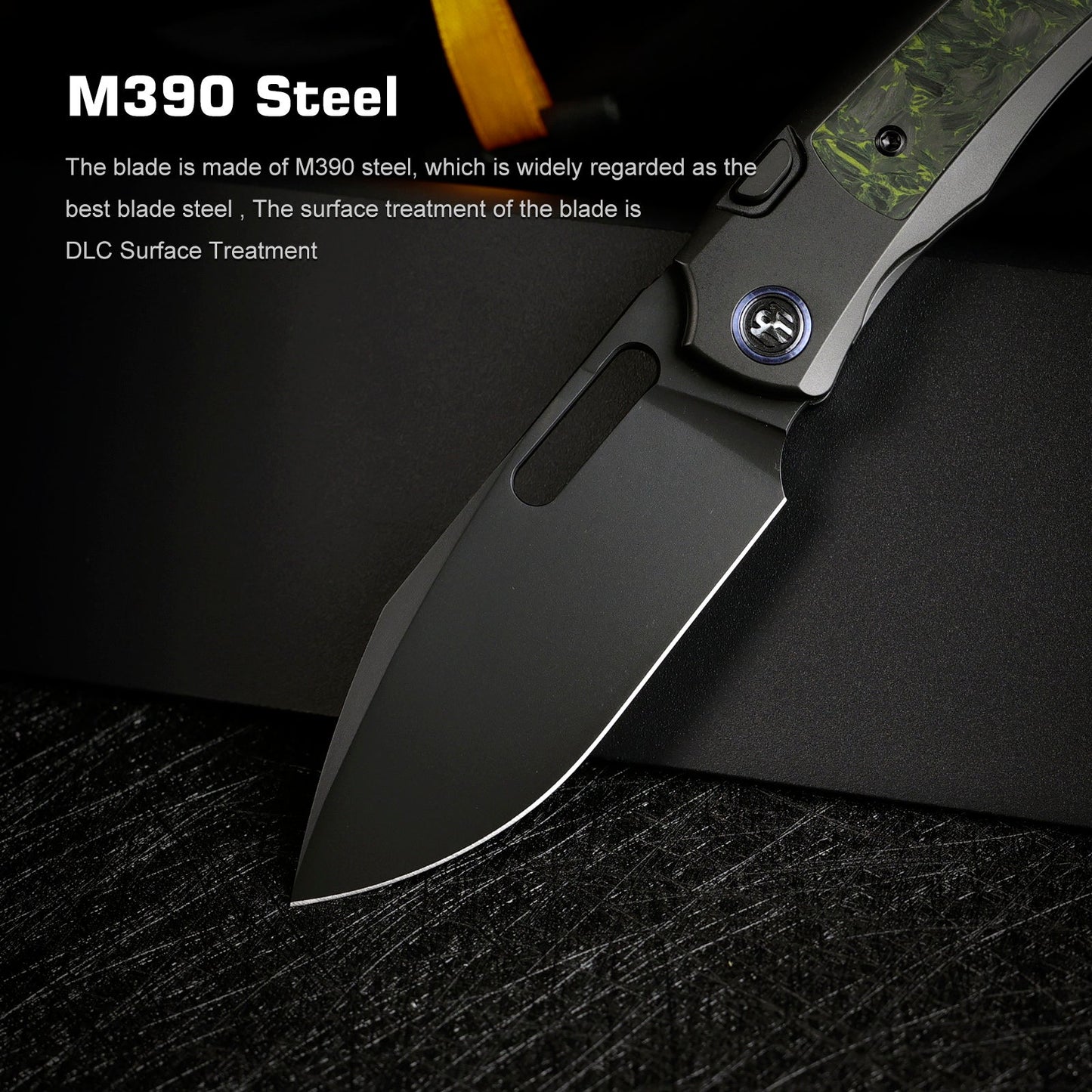 Remette RT-Orca ORCALS blade detail – pearlescent M390 drop point with DLC coating