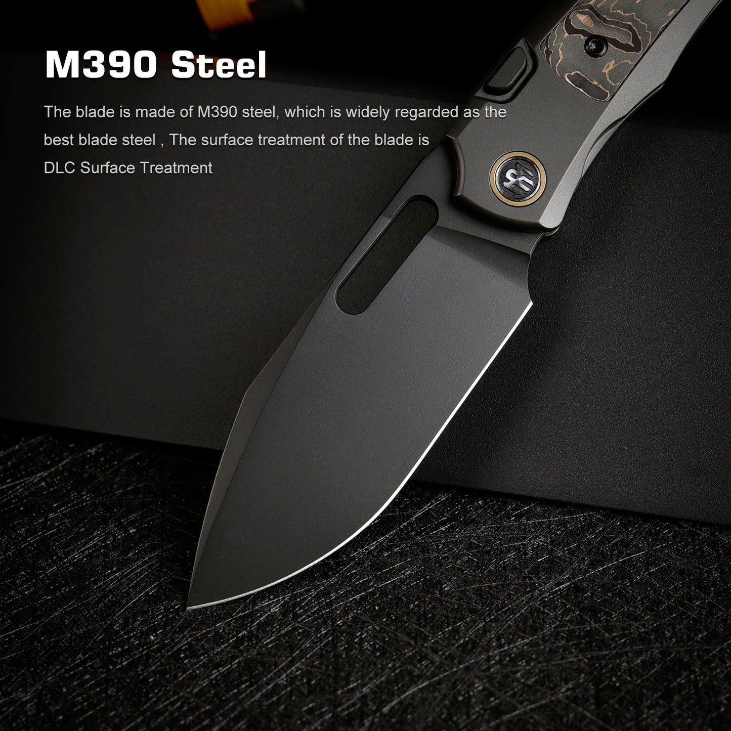 Remette RT-Orca ORCATB blade detail – pearlescent M390 drop point with DLC coating