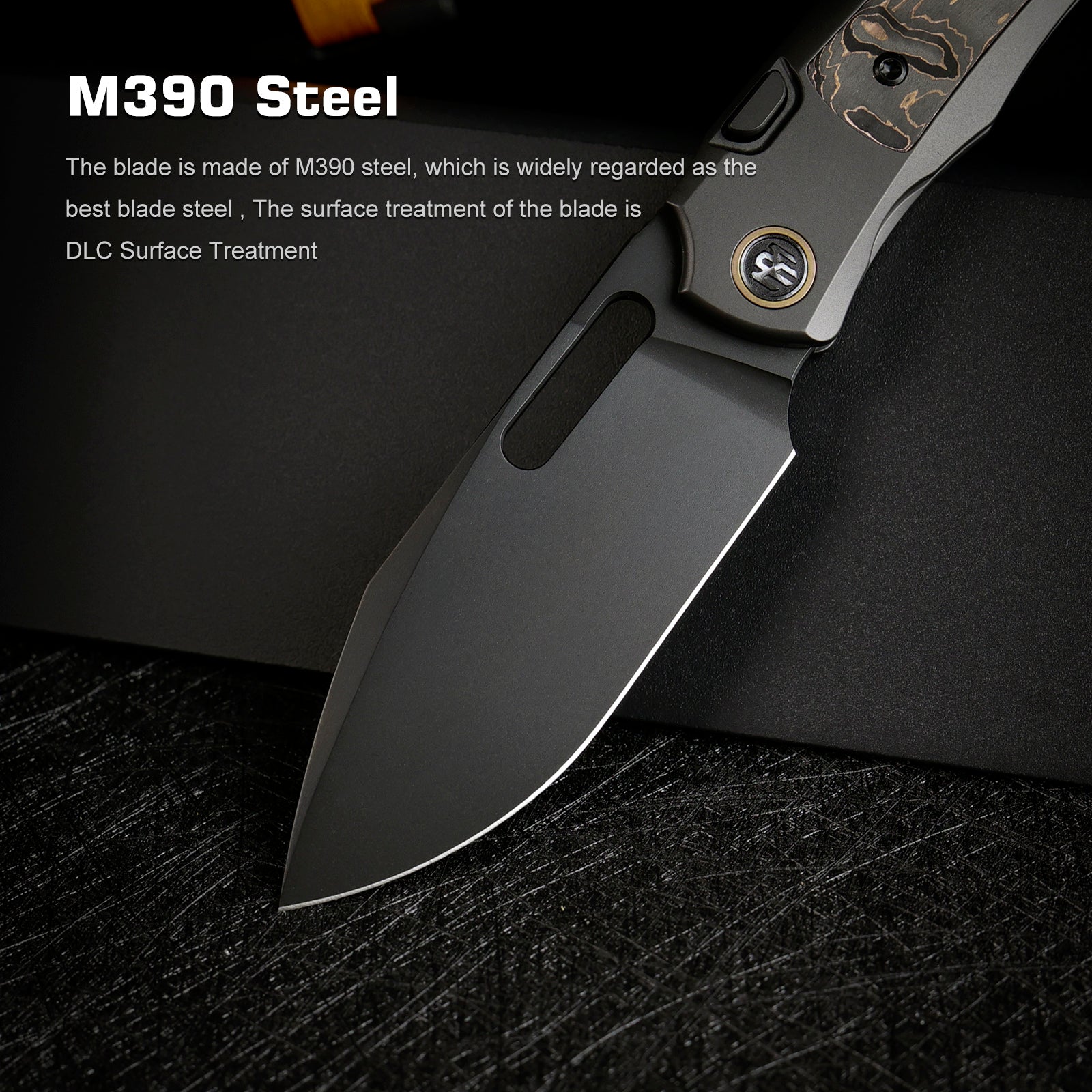 Remette RT-Orca ORCATB blade detail – pearlescent M390 drop point with DLC coating