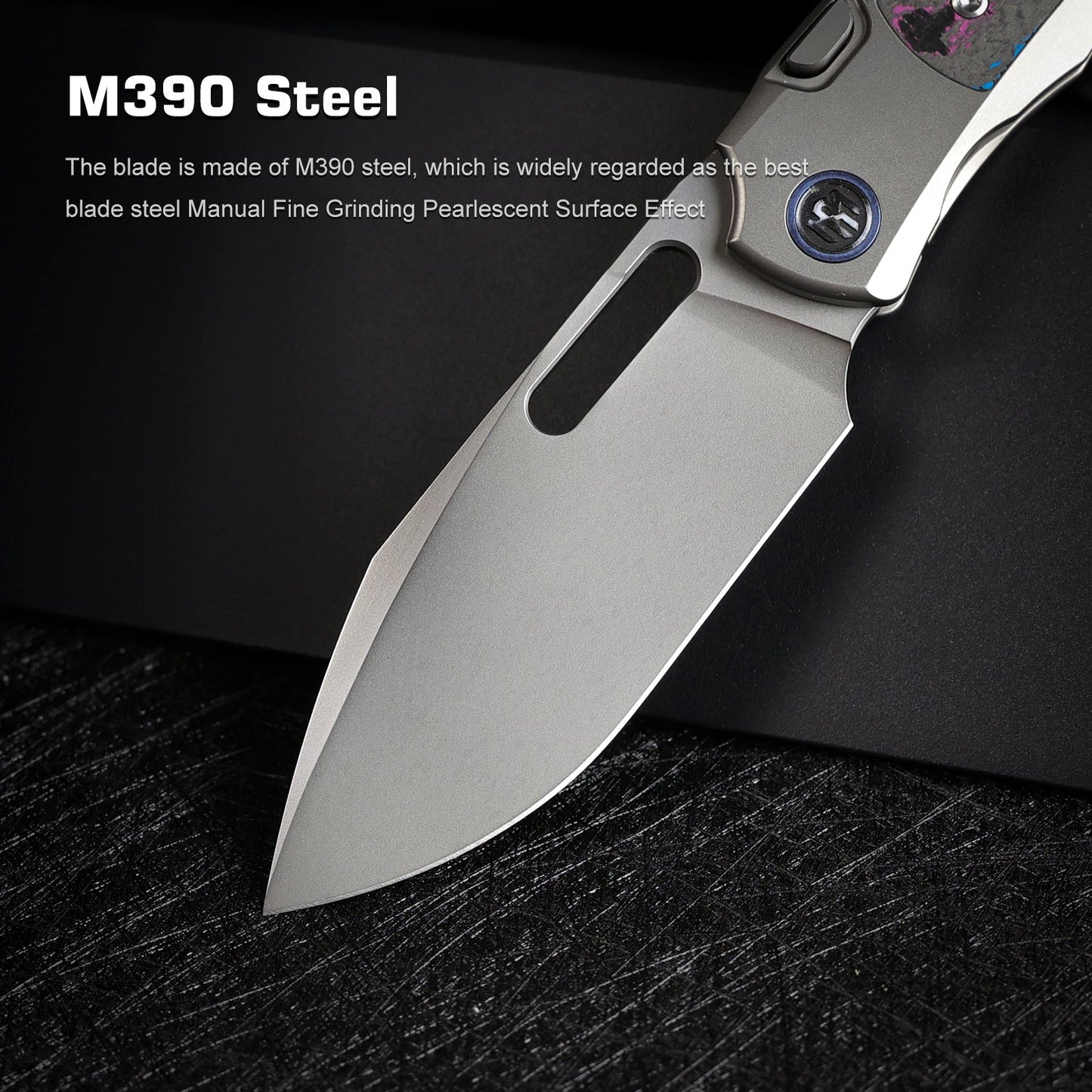 Remette RT-Orca ORCAUR blade detail – pearlescent M390 drop point