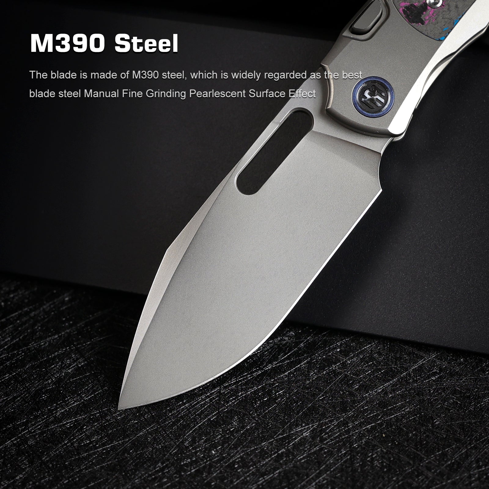 Remette RT-Orca ORCAUR blade detail – pearlescent M390 drop point