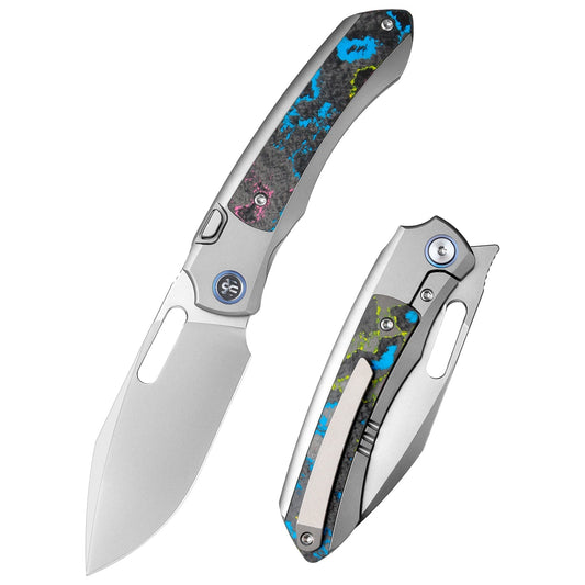 Remette RT-Orca ORCAUR front view – 3.15" pearlescent M390 drop point titanium folding knife