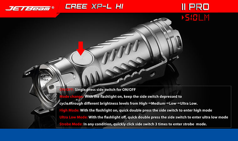 Jetbeam II Pro Anodized Titanium 510 Lumen 1 x CR123 CREE XP-L HI LED Flashlight - Black