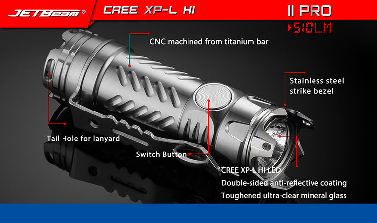 Jetbeam II Pro Anodized Titanium 510 Lumen 1 x CR123 CREE XP-L HI LED Flashlight - Black