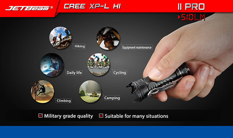 Jetbeam II Pro Anodized Titanium 510 Lumen 1 x CR123 CREE XP-L HI LED Flashlight - Black