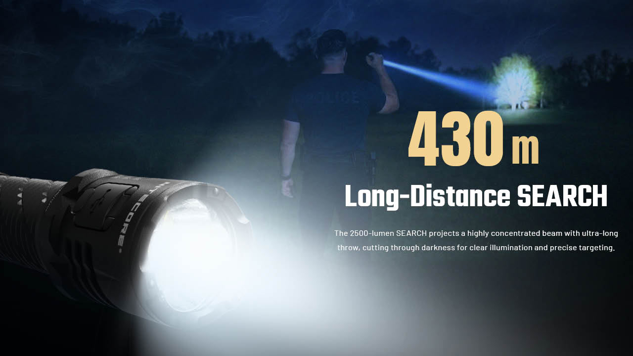 Nitecore P27iX SEARCH beam shot - 2500 lumen concentrated beam reaching 430 meters