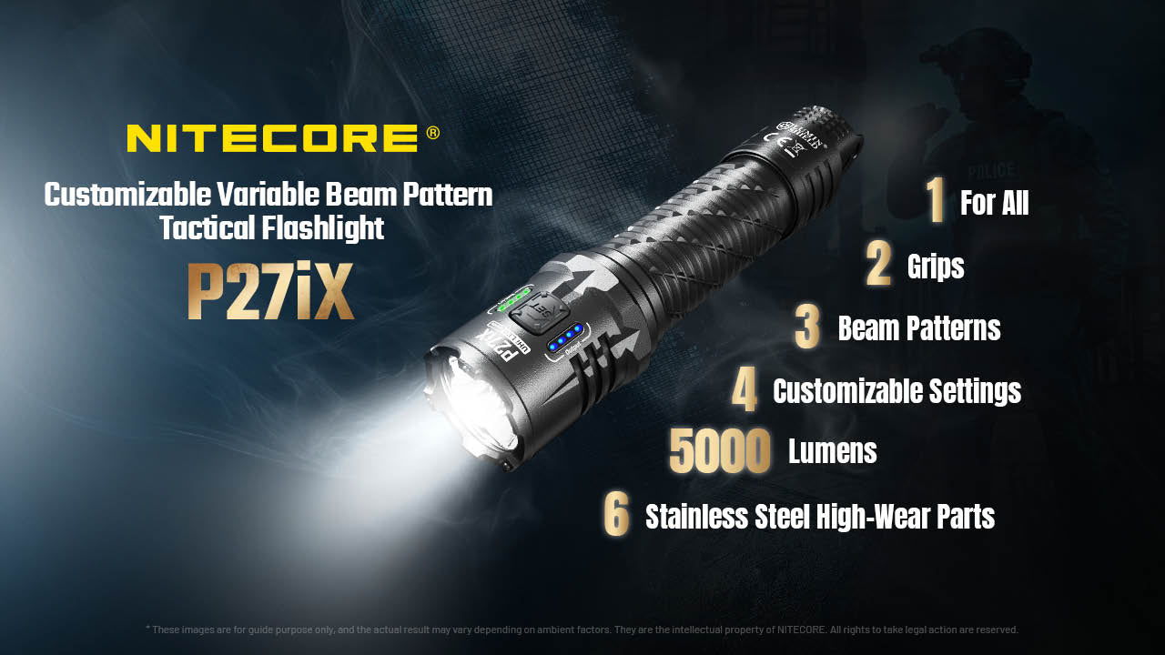 Nitecore P27iX overview - customizable variable beam pattern tactical flashlight with two grips and stainless steel high-wear parts