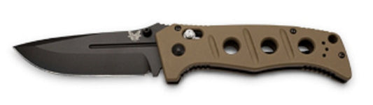 Benchmade Adamas 2750SBK front view, 3.82″ D2 serrated drop point automatic folding knife, black G10