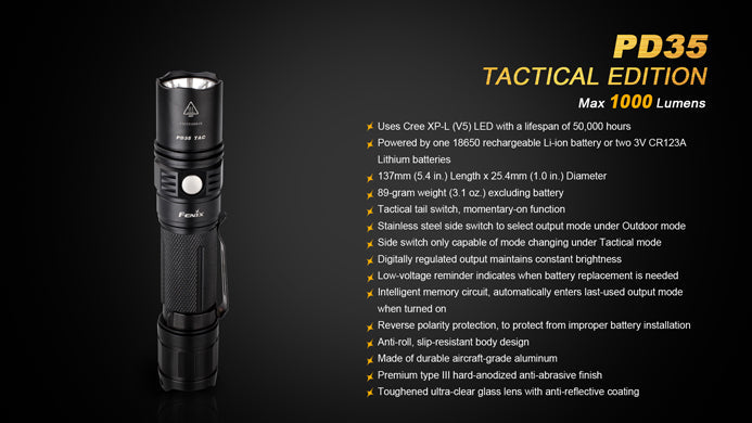 Fenix PD35 TAC Tactical Edition 1x 18650 / 2x CR123A 1000 Lumens CREE XP-L LED Flashlight