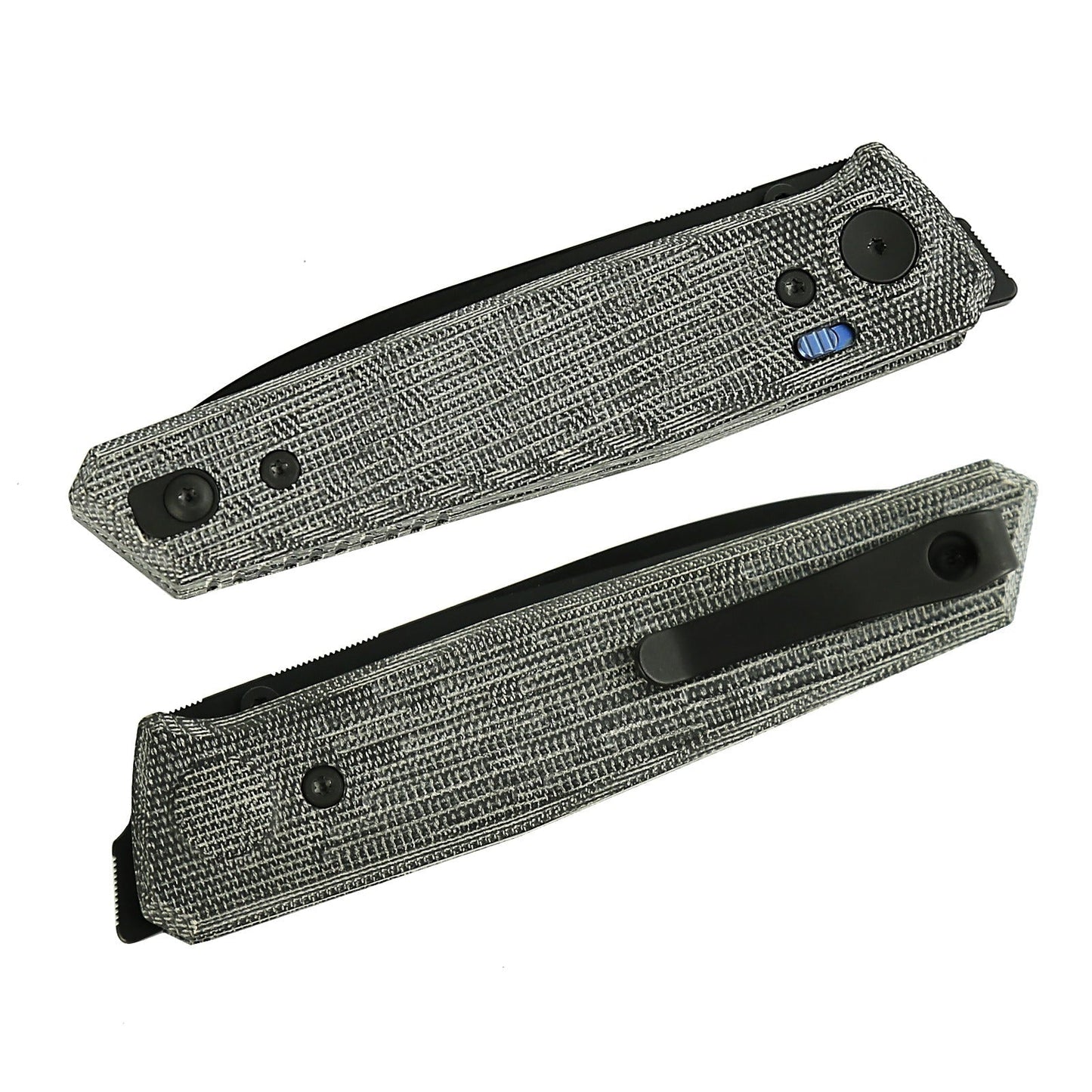 Reate PL-6 Black Micarta Black PVD closed view showing black micarta scales and reversible deep-carry pocket clip