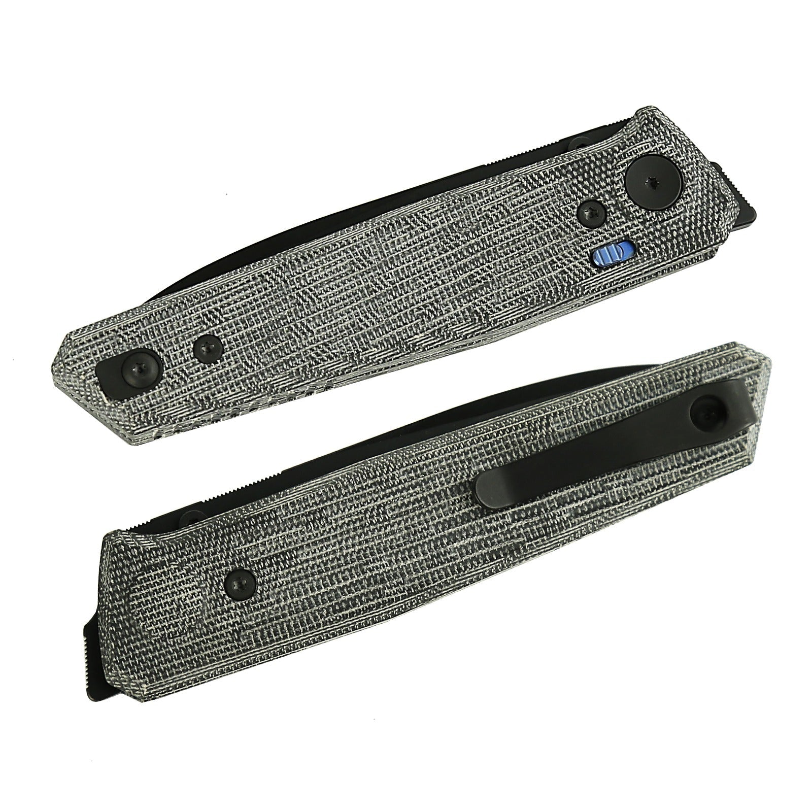 Reate PL-6 Black Micarta Black PVD closed view showing black micarta scales and reversible deep-carry pocket clip