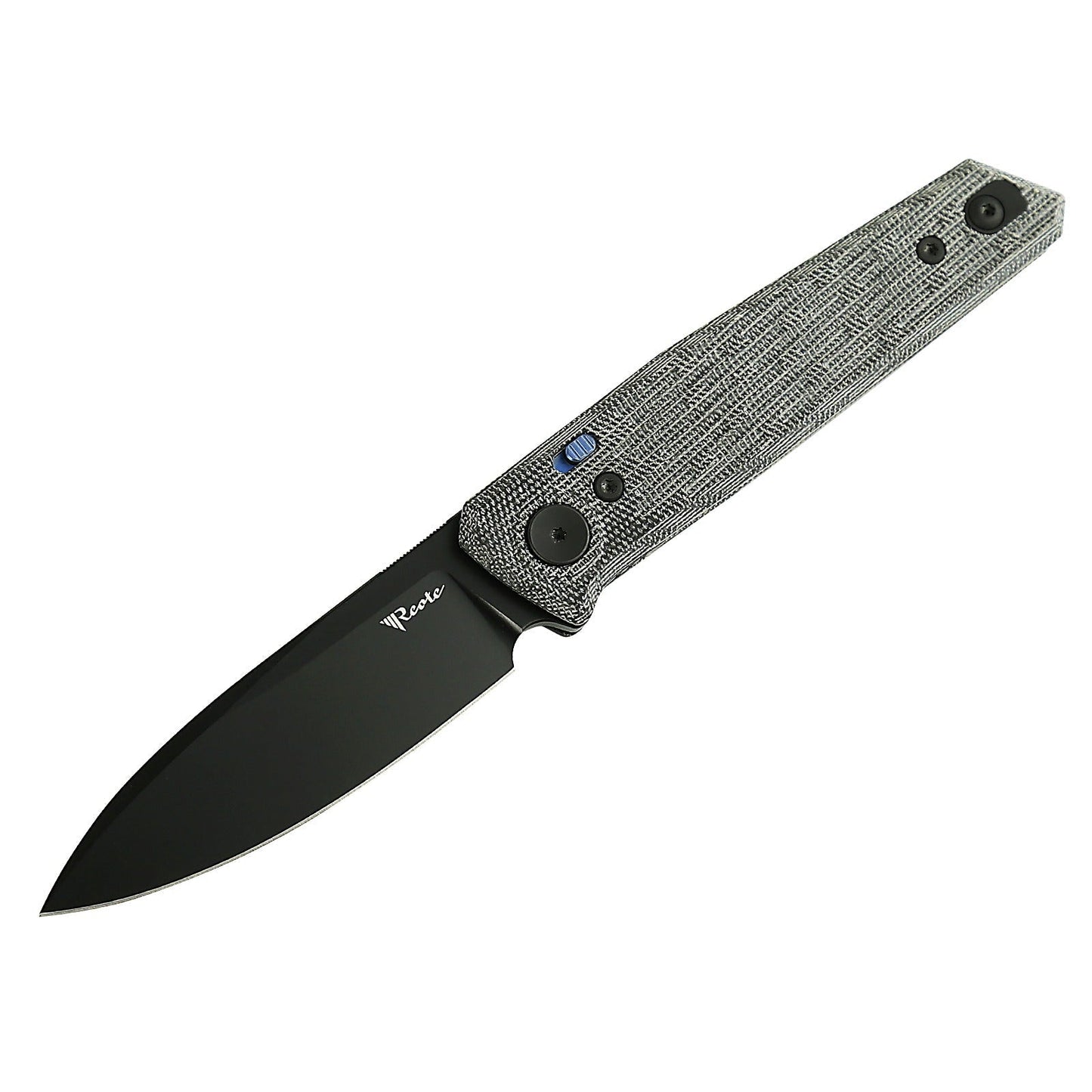 Reate PL-6 Black Micarta Black PVD front view – 3.5" black PVD Nitro-V drop point front flipper folding knife