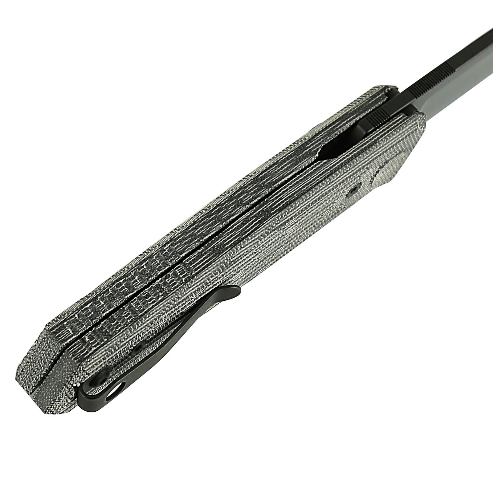 Reate PL-6 Black Micarta Black PVD black micarta handle texture and pocket clip detail