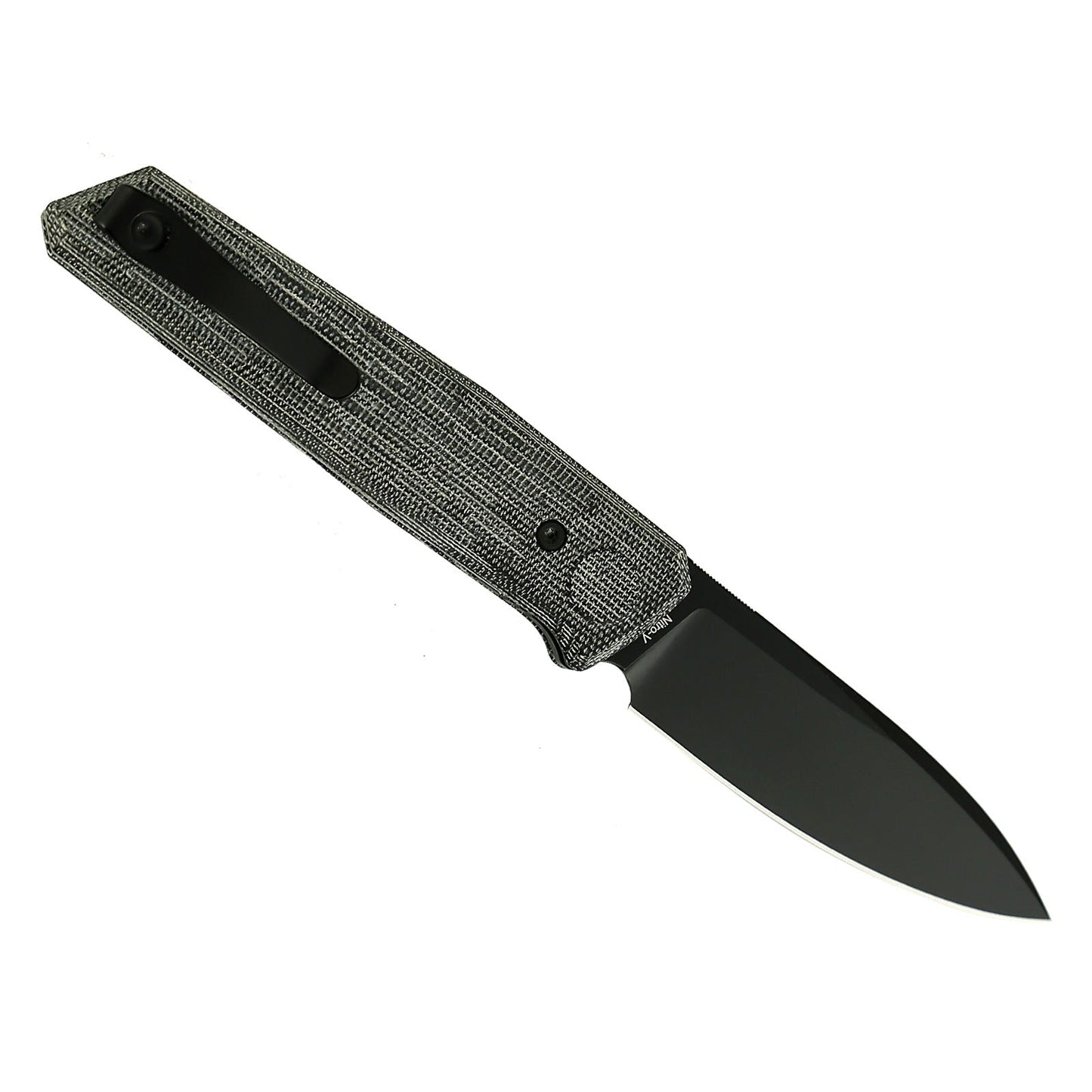 Reate PL-6 Black Micarta Black PVD open position showing Nitro-V drop point blade and pivot lock