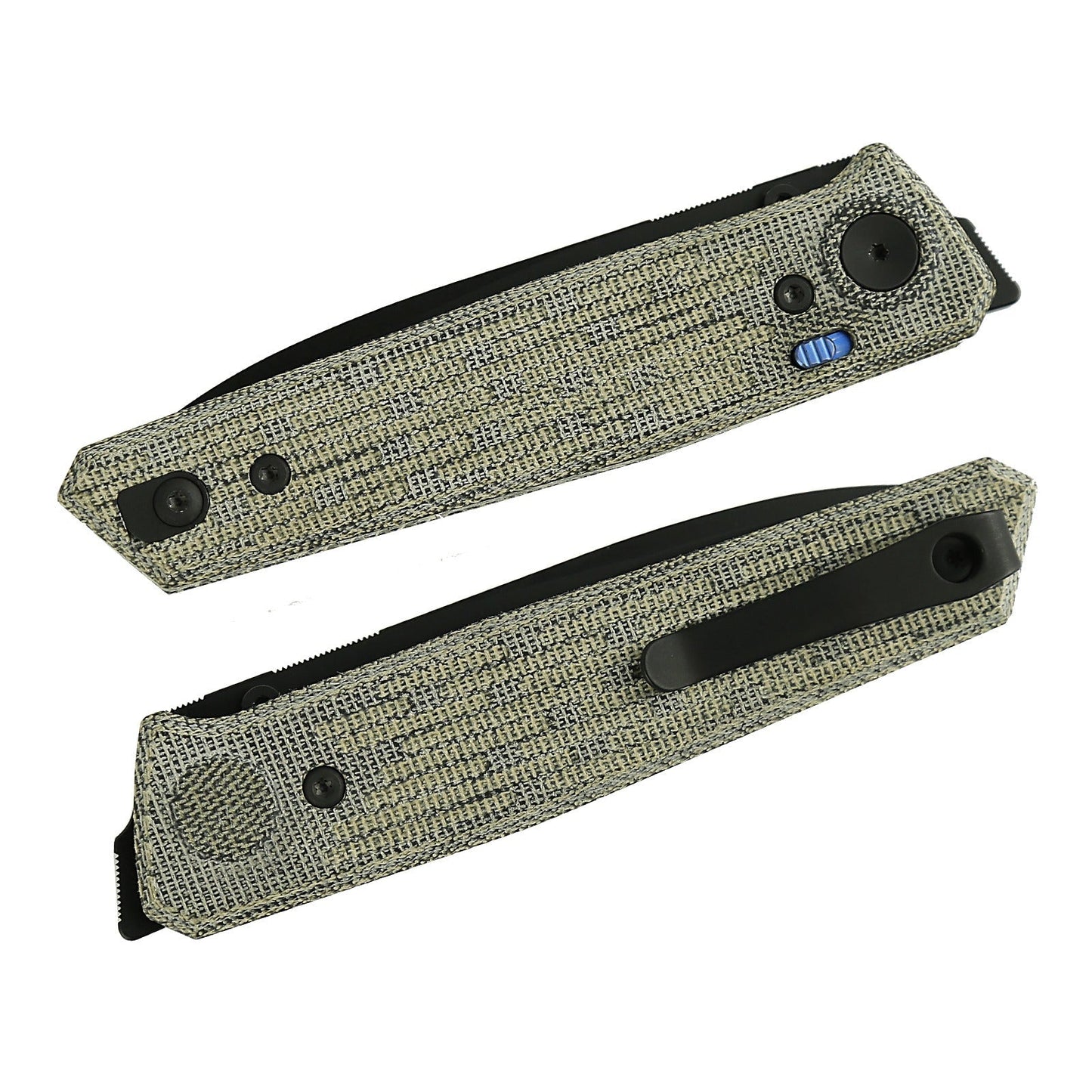 Reate PL-6 Green/Black Micarta Black PVD closed view showing green and black micarta scales and reversible deep-carry pocket clip