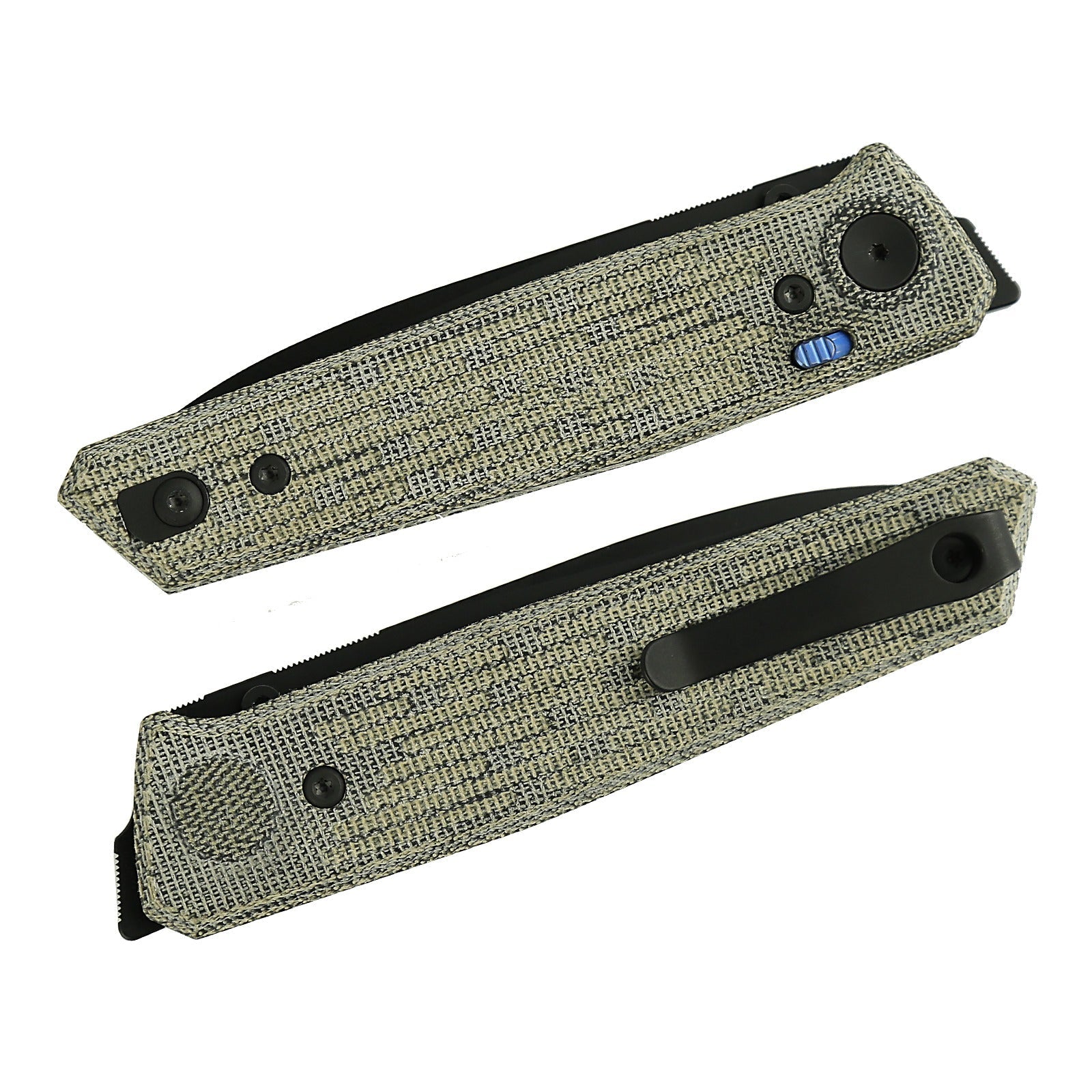 Reate PL-6 Green/Black Micarta Black PVD closed view showing green and black micarta scales and reversible deep-carry pocket clip