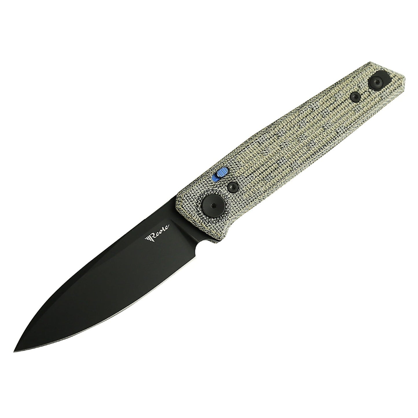 Reate PL-6 Green/Black Micarta Black PVD front view – 3.5" black PVD Nitro-V drop point front flipper folding knife