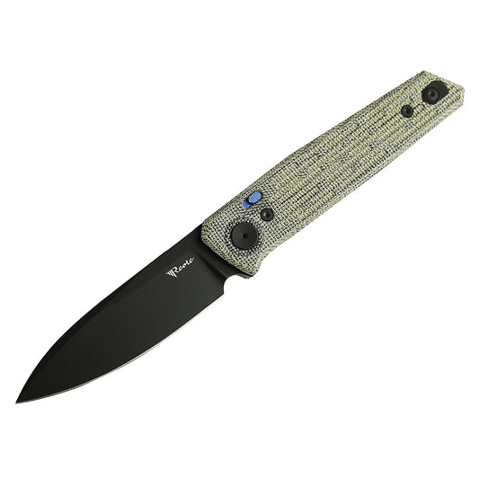 Reate PL-6 Green/Black Micarta Black PVD front view – 3.5" black PVD Nitro-V drop point front flipper folding knife