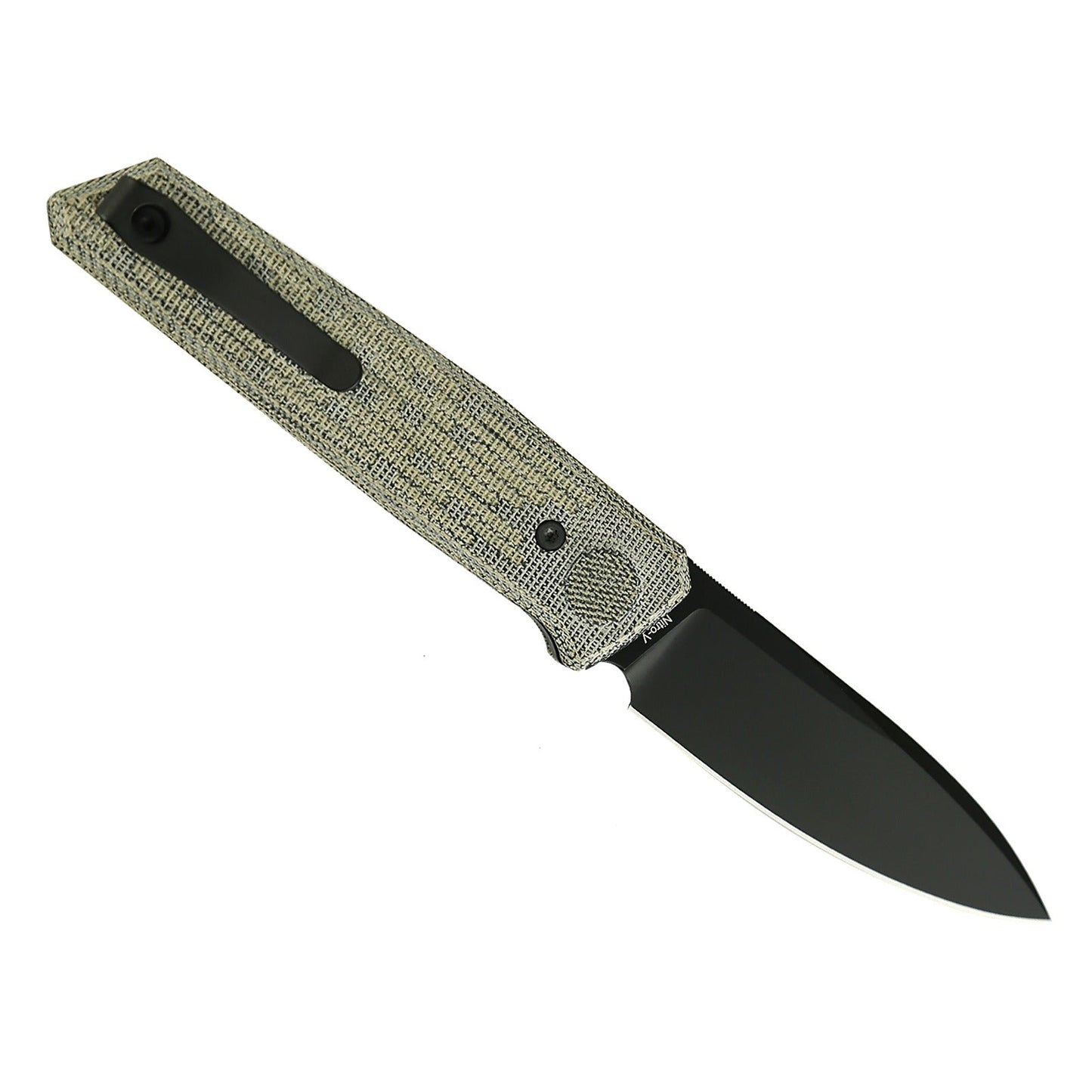 Reate PL-6 Green/Black Micarta Black PVD open position showing Nitro-V drop point blade and pivot lock