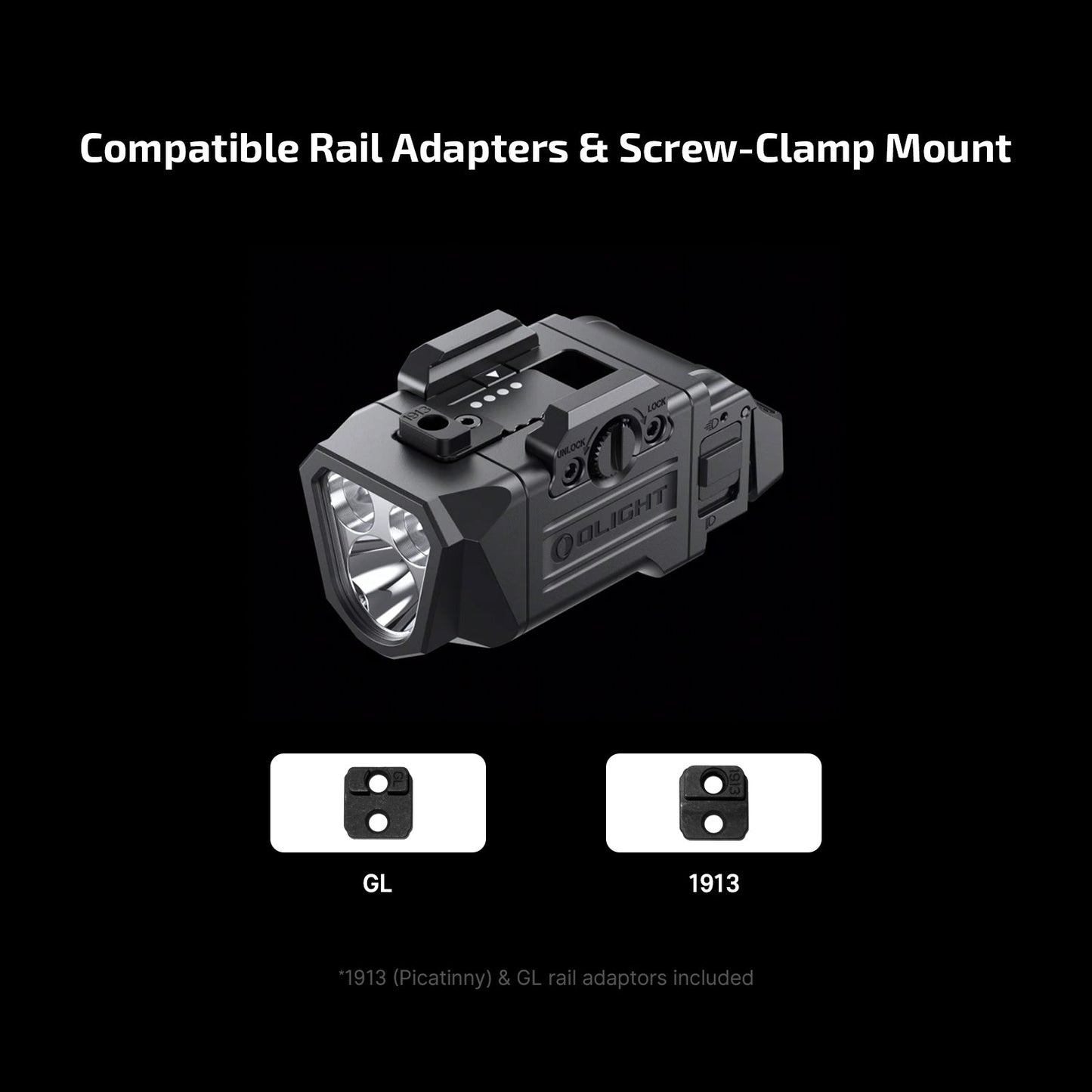 Olight PL-X compatible rail adapters and screw-clamp mount system