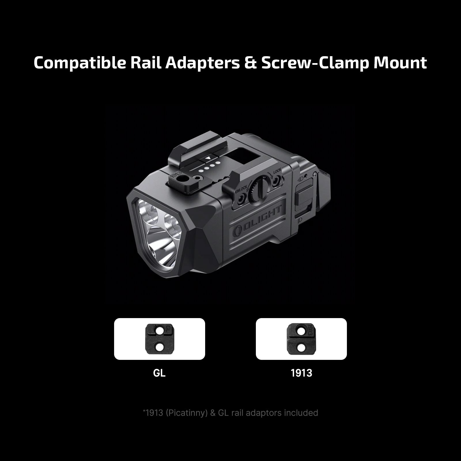 Olight PL-X compatible rail adapters and screw-clamp mount system