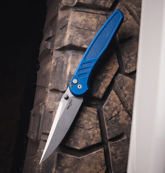 Pro-Tech Avalon Peace Neighbor PN1101-BW-Blue front view – 4.25" stonewash MagnaCut drop point folding knife