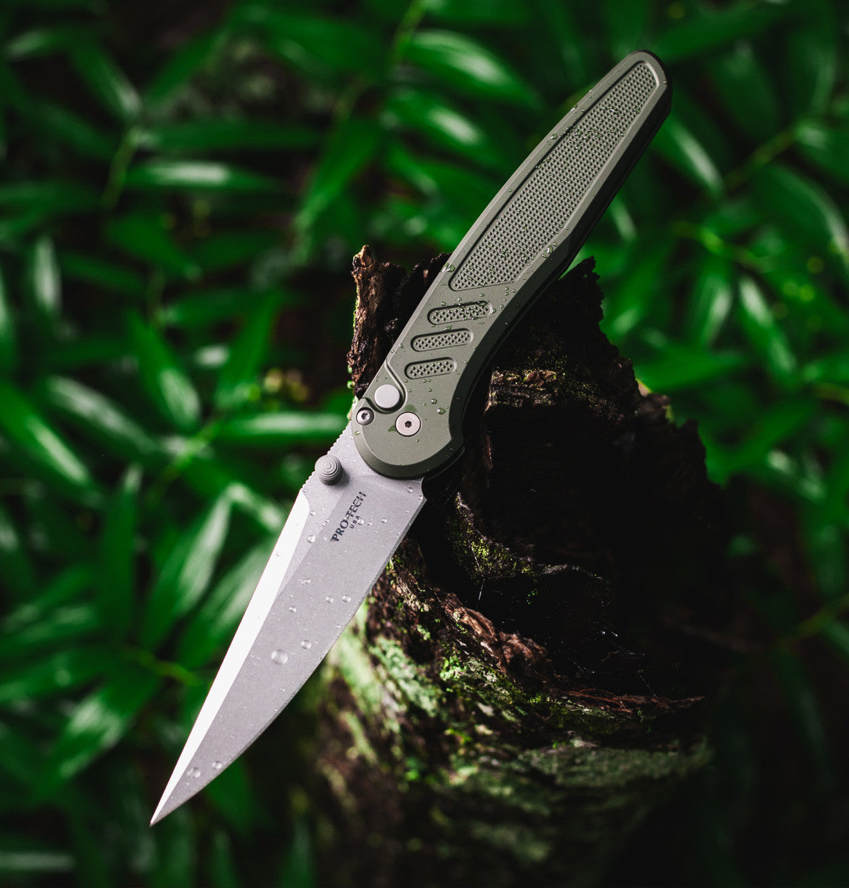 Pro-Tech Avalon Peace Neighbor PN1101-Green front view – 4.25" stonewash MagnaCut drop point folding knife