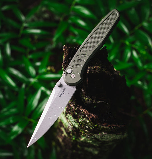 Pro-Tech Avalon Peace Neighbor PN1101-Green front view – 4.25" stonewash MagnaCut drop point folding knife