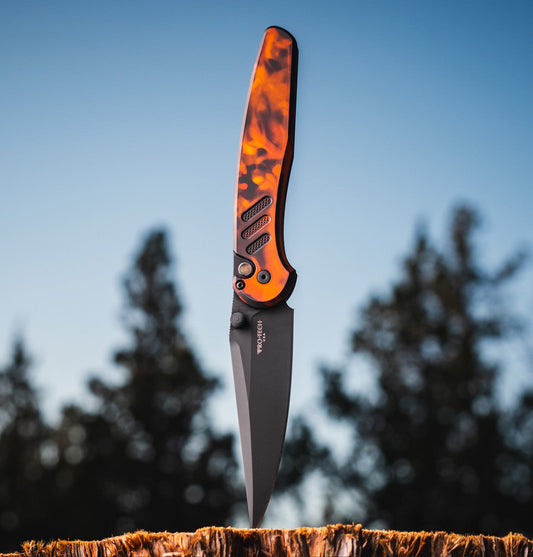 Pro-Tech Avalon Peace Neighbor PN1104-DF front view – 4.25" DLC black MagnaCut drop point folding knife