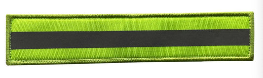 Long Hi-Vis Reflective Morale Patch R-HSFG-L front view – 5.91″ x 1.18″ long yellow strip with reflective band