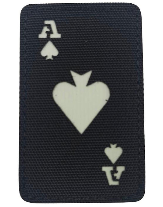 Reflective Ace of Spades Morale Patch R-POKERA-BK front view – 3.15″ x 1.97″ black retroreflective playing card patch